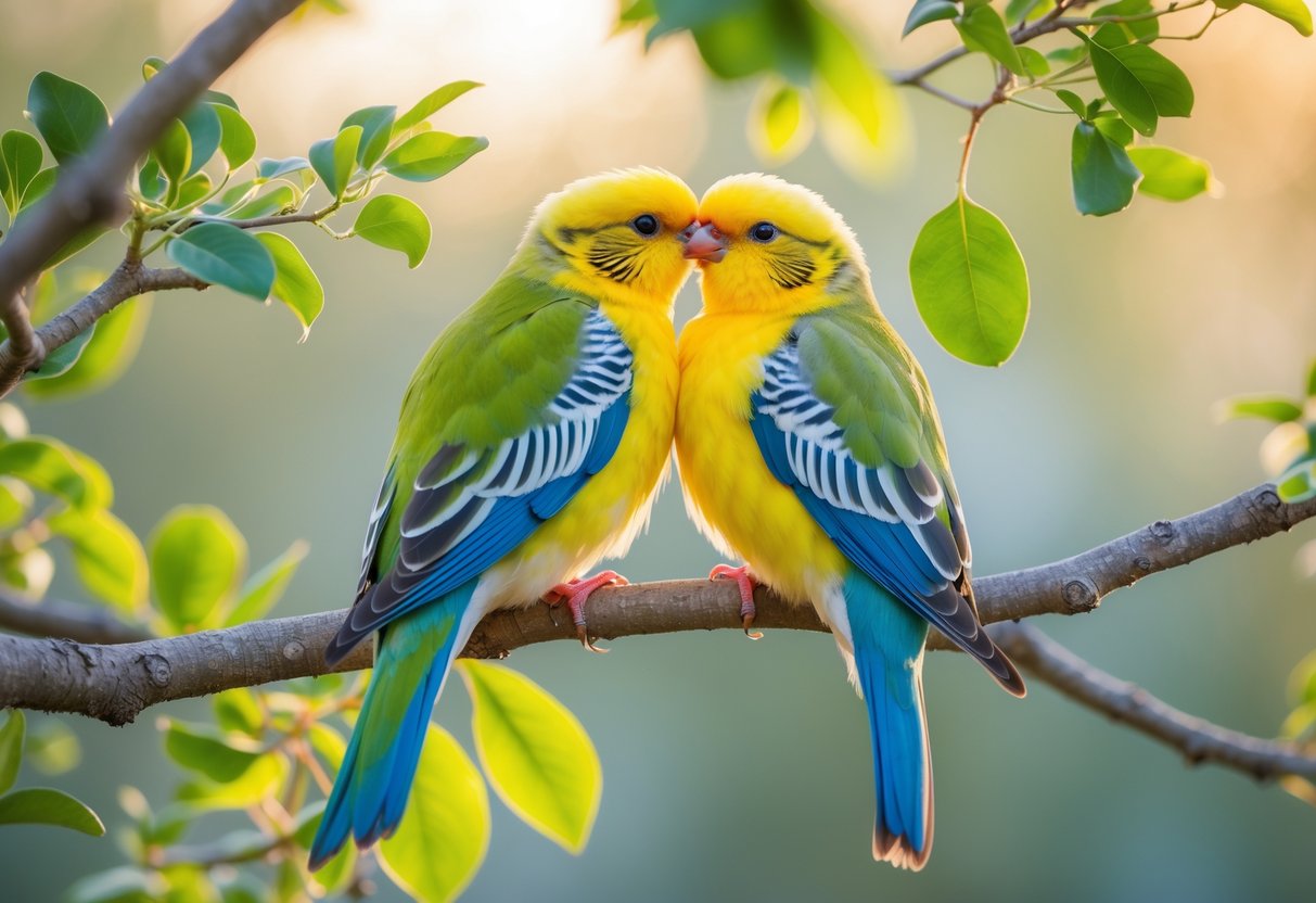 Two colorful lovebirds perched closely together on a tree branch surrounded by green leaves.