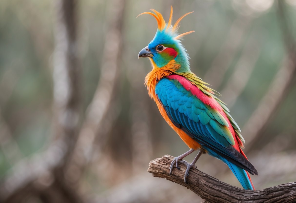 A colorful exotic bird perched on a wooden branch with a blurred natural background.
