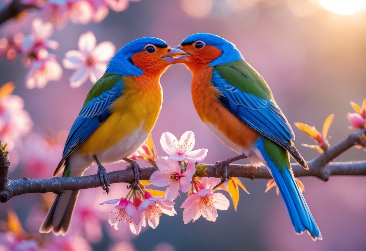 Two colorful birds perched closely on a cherry blossom branch touching beaks.