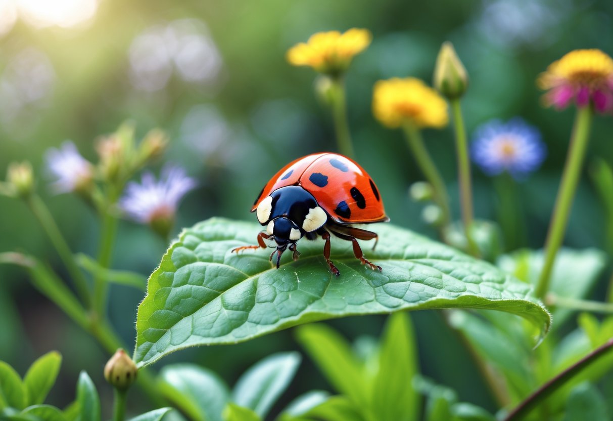 Close-up of a red ladybird with black spots on a green leaf surrounded by plants and flowers.