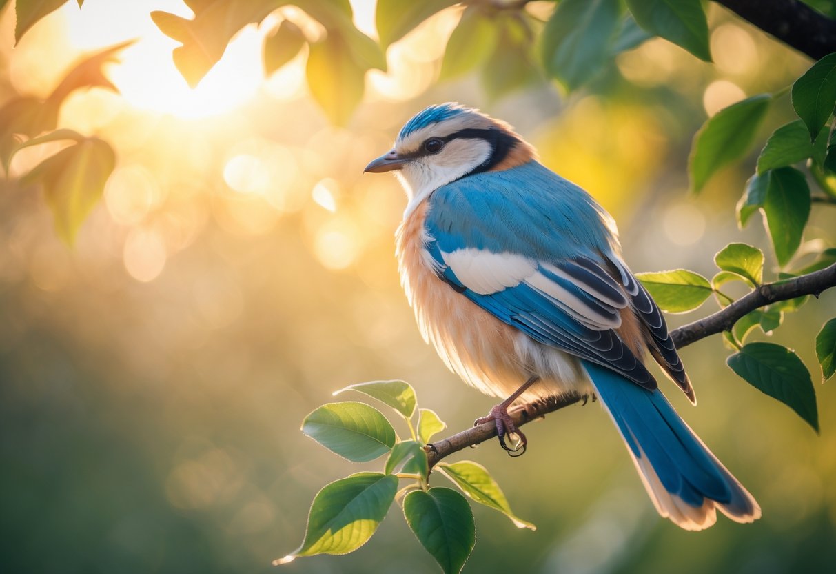 A colorful bird perched on a branch surrounded by green leaves with sunlight filtering through.