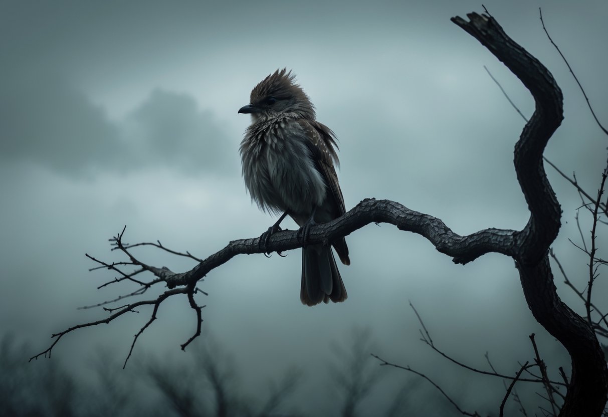 A scruffy bird with ruffled feathers perched on a bare tree branch under a cloudy sky.