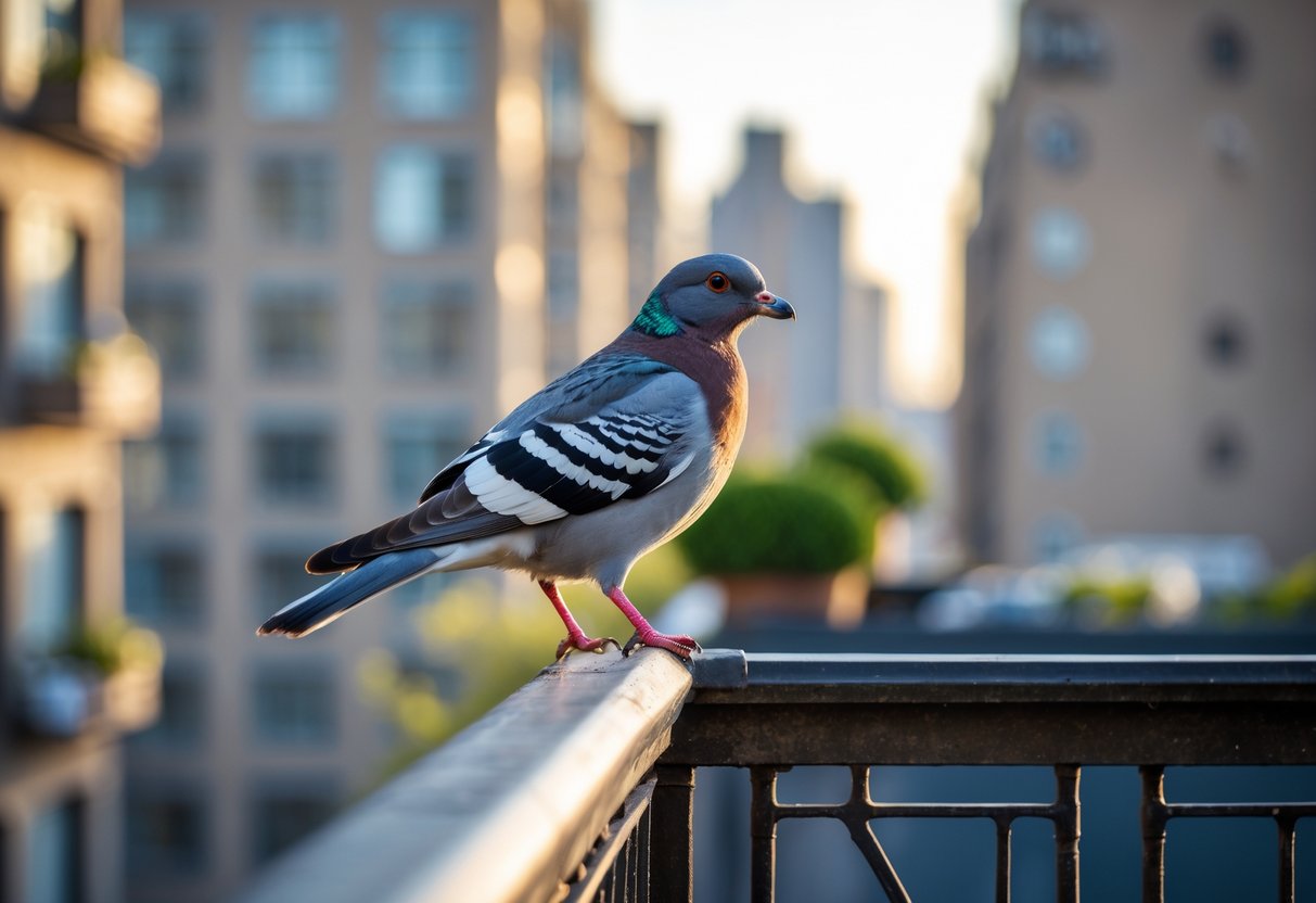 A bird perched on a city rooftop railing with buildings and greenery in the background.