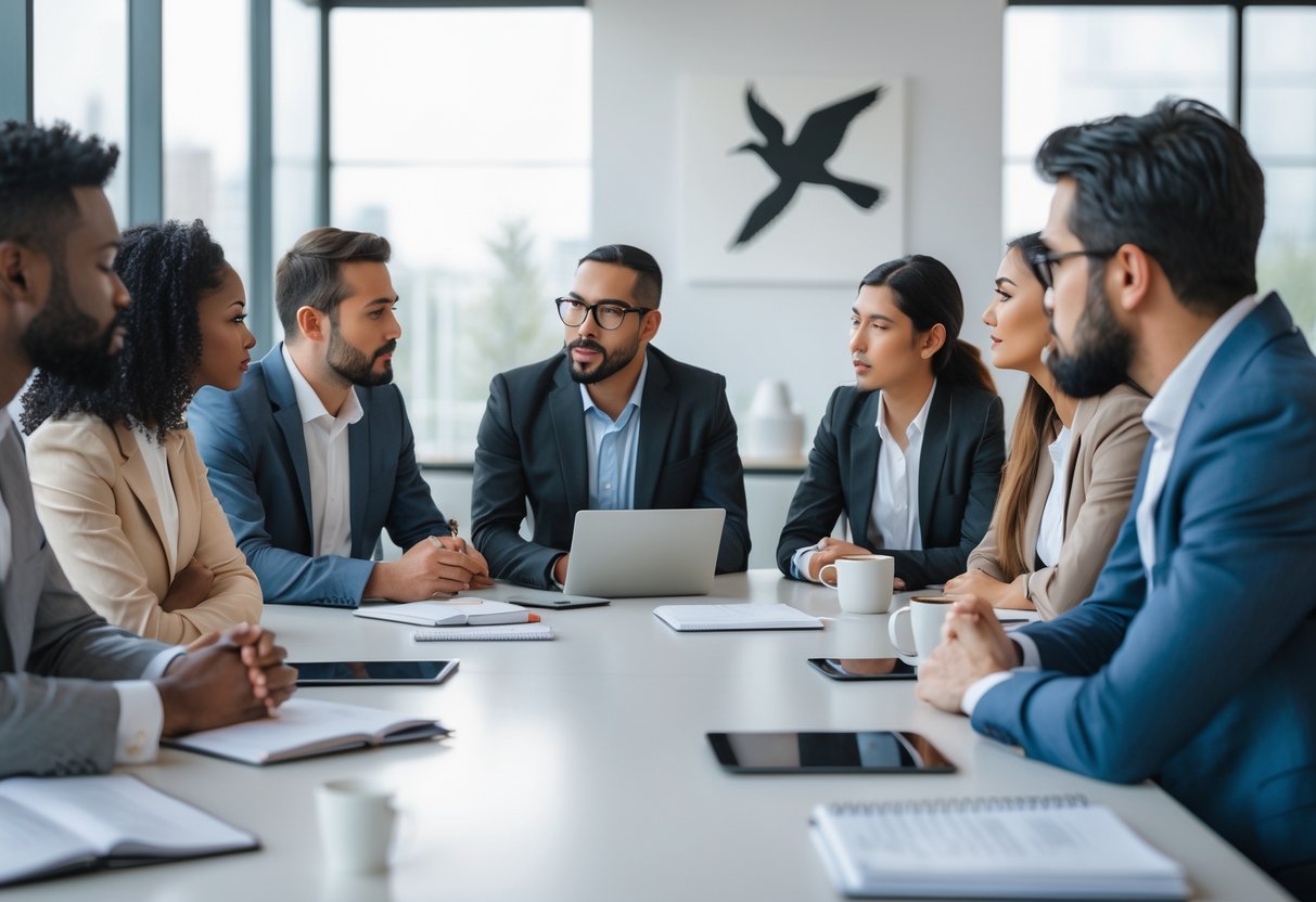 A diverse group of people having a serious discussion around a conference table in a modern office with bird-themed decorations in the background.