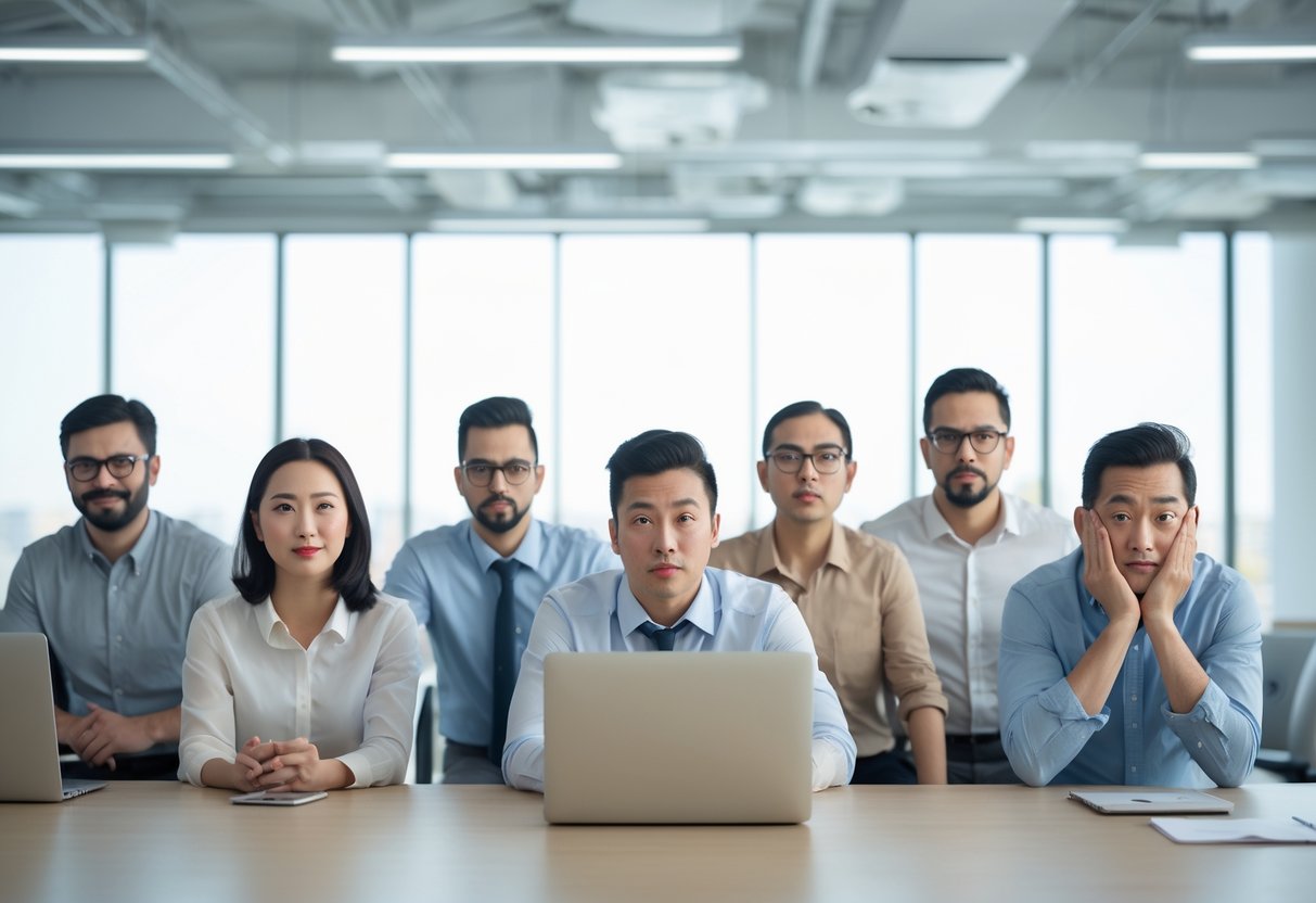 A group of people in an office showing different facial expressions that suggest slyness, nervousness, and foolishness.