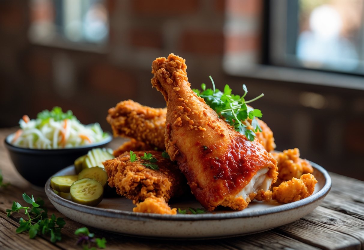 A plate of crispy fried chicken coated in spicy red sauce served with pickles and coleslaw on a wooden table with a blurred urban background.