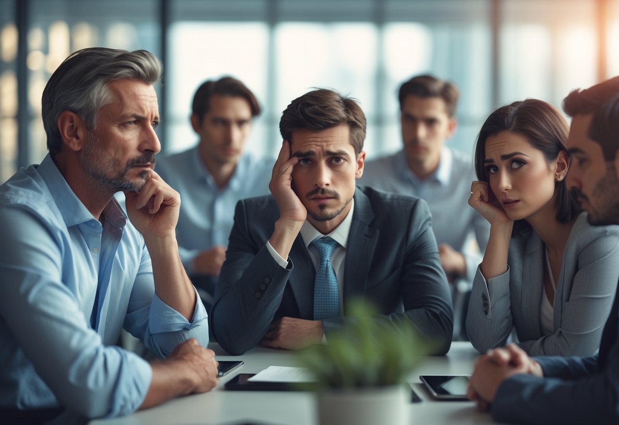 A group of diverse people in an office showing various thoughtful and expressive emotions reflecting different bird-inspired human traits.