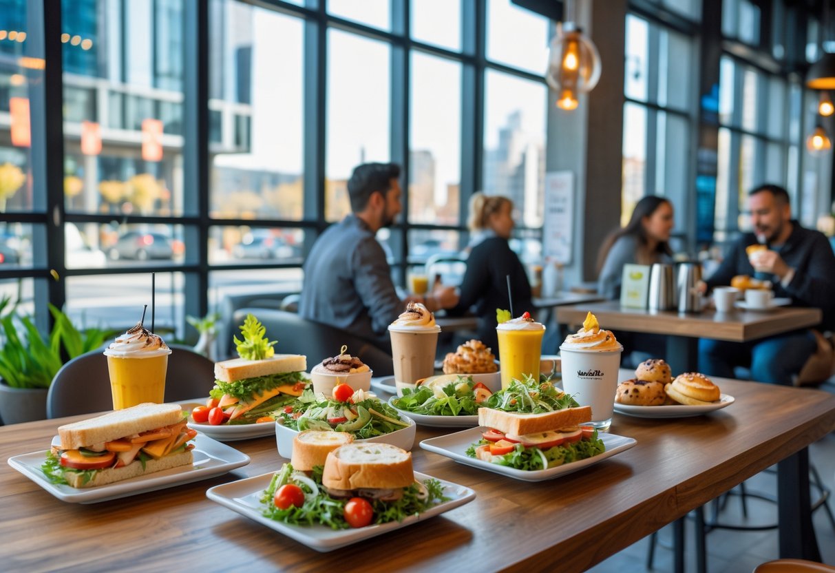 A café table with sandwiches, salads, coffee, and pastries in a modern urban setting with people enjoying their meals.