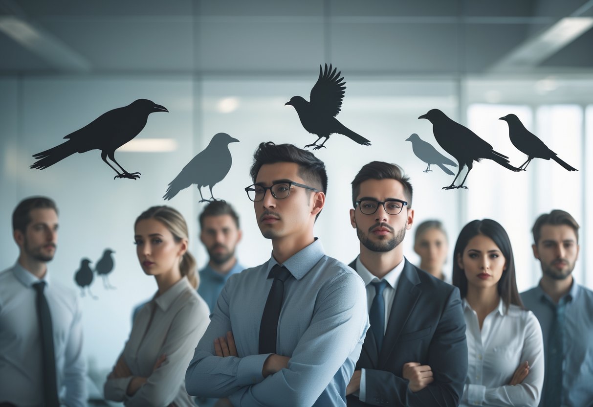 A group of diverse people in an office setting with faint bird silhouettes subtly overlapping them, symbolizing negative bird-related labels.