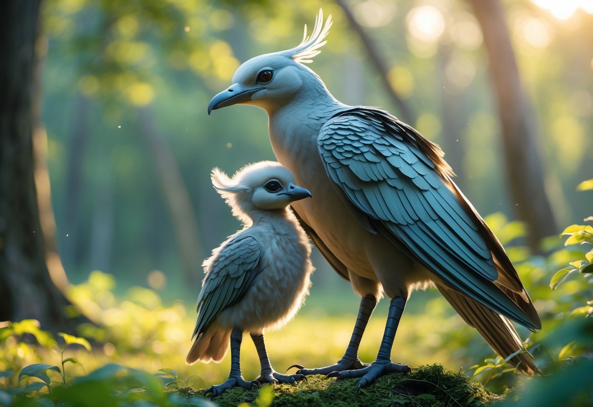 A bird-like humanoid creature standing protectively next to a smaller bird-like child in a forest clearing.