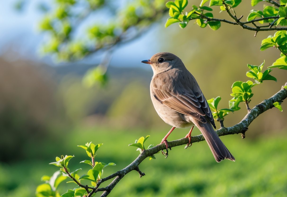 A bird perched on a tree branch surrounded by green leaves under a blue sky.