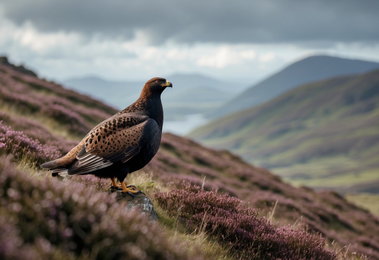 A close-up of a Scottish bird perched on a heather-covered hillside with misty mountains in the background.