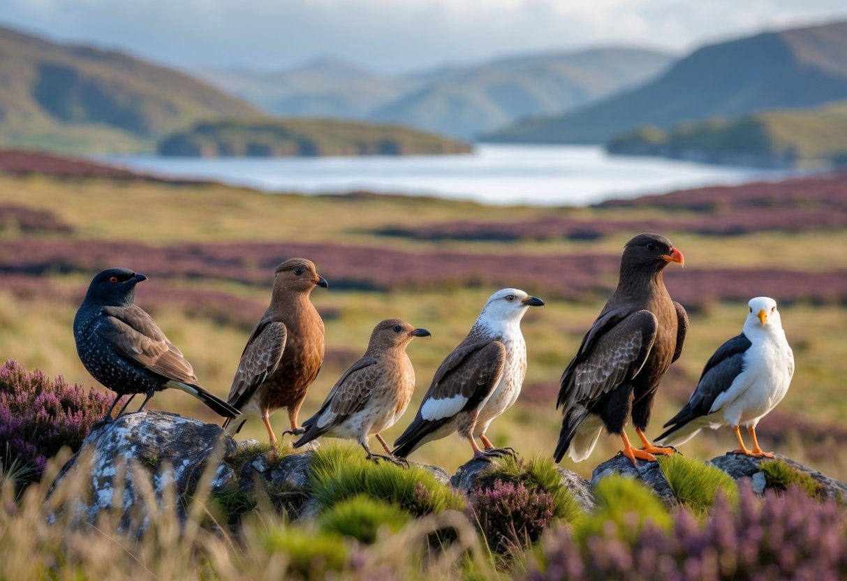 Various Scottish birds perched in a natural landscape with hills, moorlands, and a misty lake in the background.