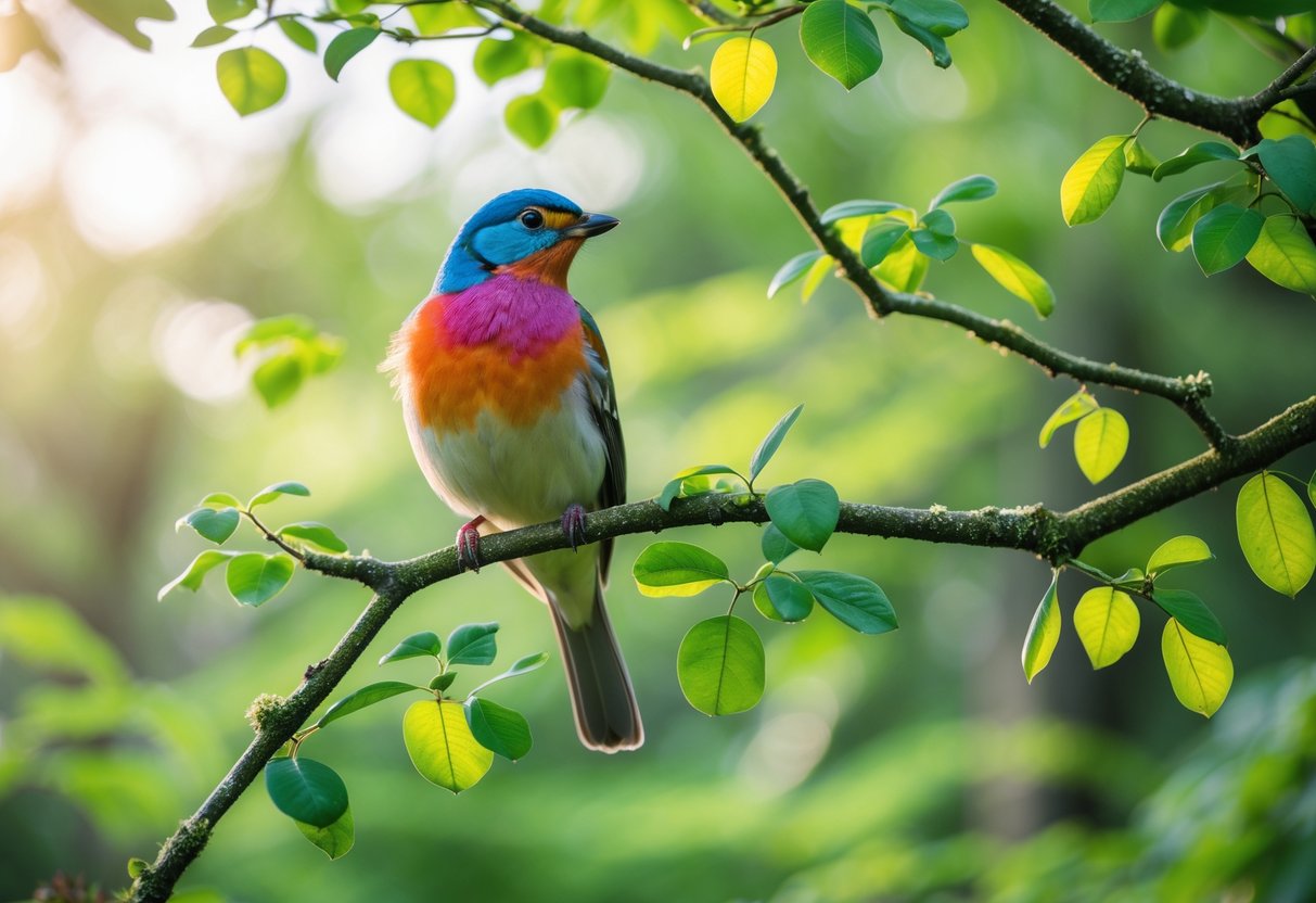 A colorful bird perched on a branch surrounded by green foliage in a forest.
