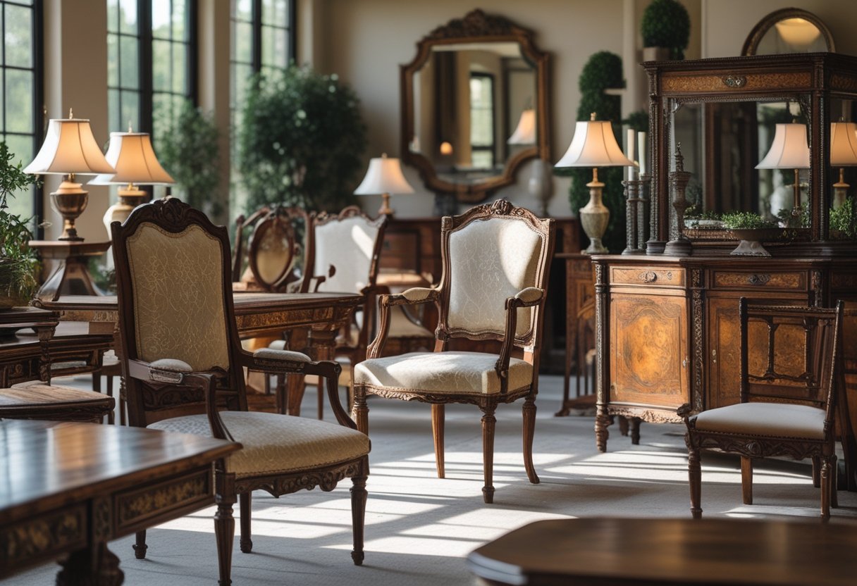 Interior room displaying various antique wooden furniture pieces including chairs, tables, and cabinets with natural light coming through windows.