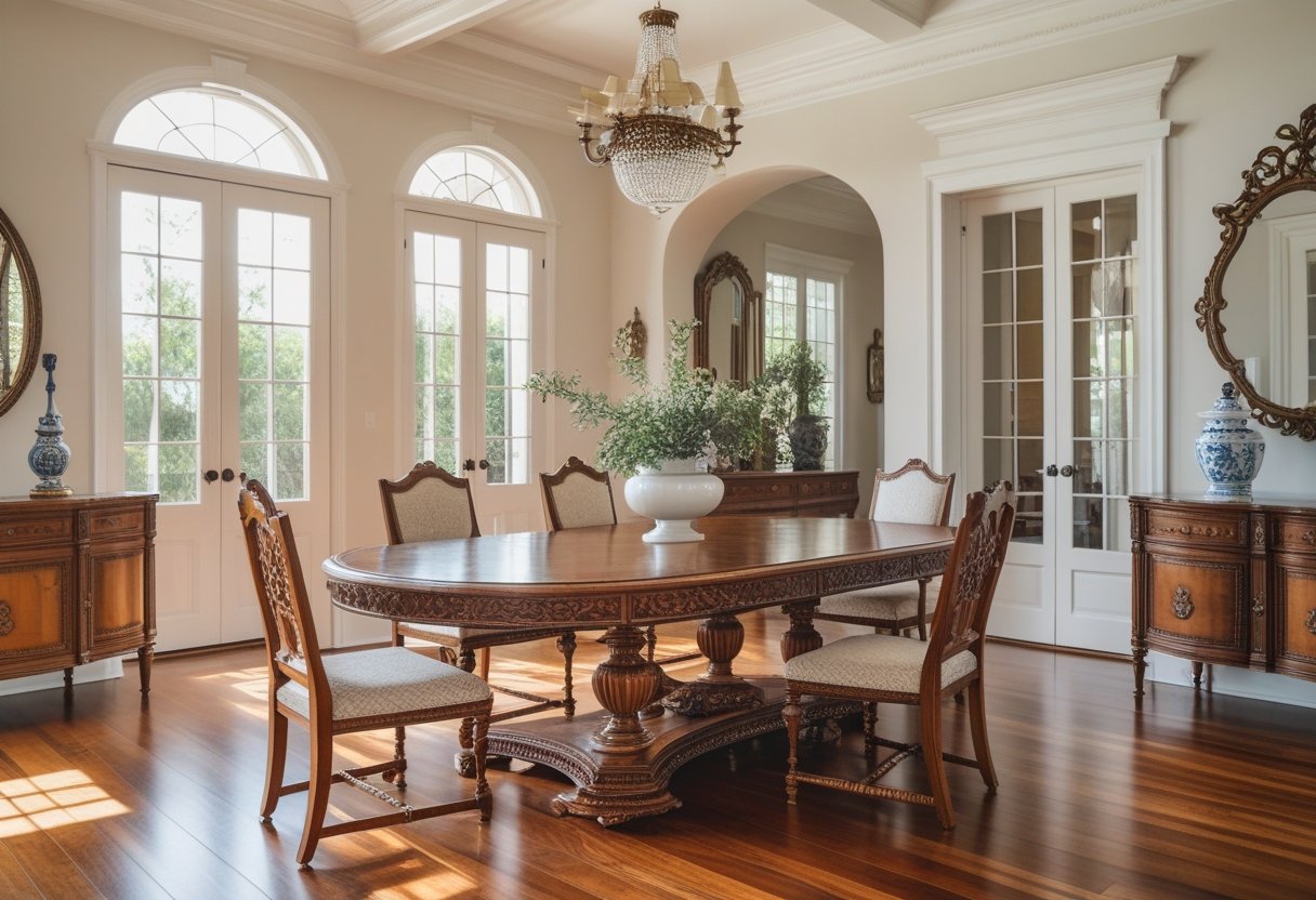 A well-lit room featuring an antique wooden dining table with matching chairs and decorative accents near large windows.