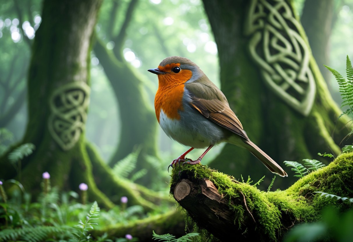 A robin perched on a mossy branch in a green forest with soft light filtering through the trees.