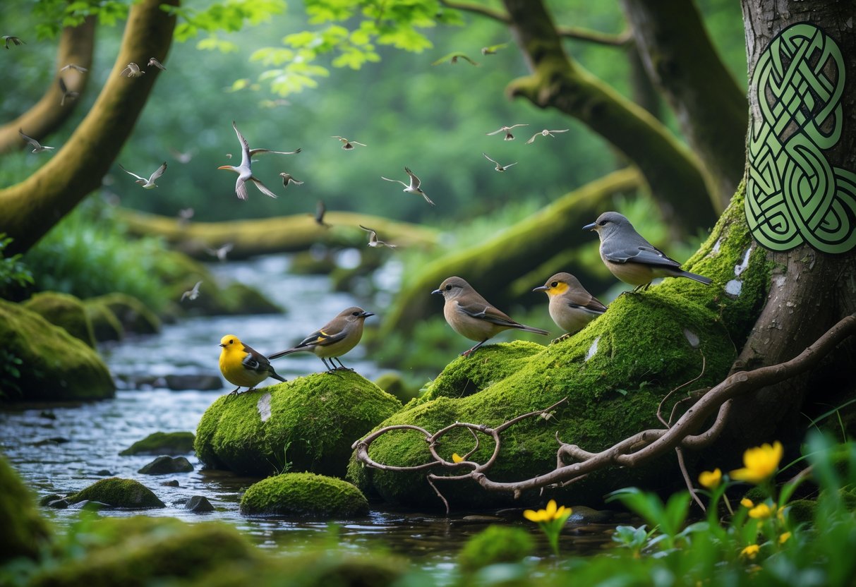 A peaceful forest scene with several birds perched on mossy stones and branches surrounded by greenery and a small stream.