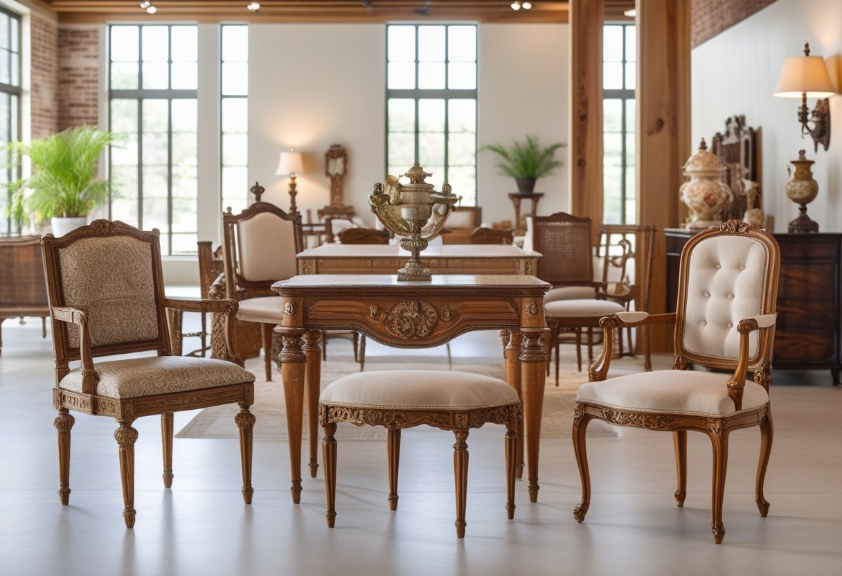 A bright room in Houston filled with elegant antique wooden furniture including chairs and tables arranged neatly with natural light coming through large windows.