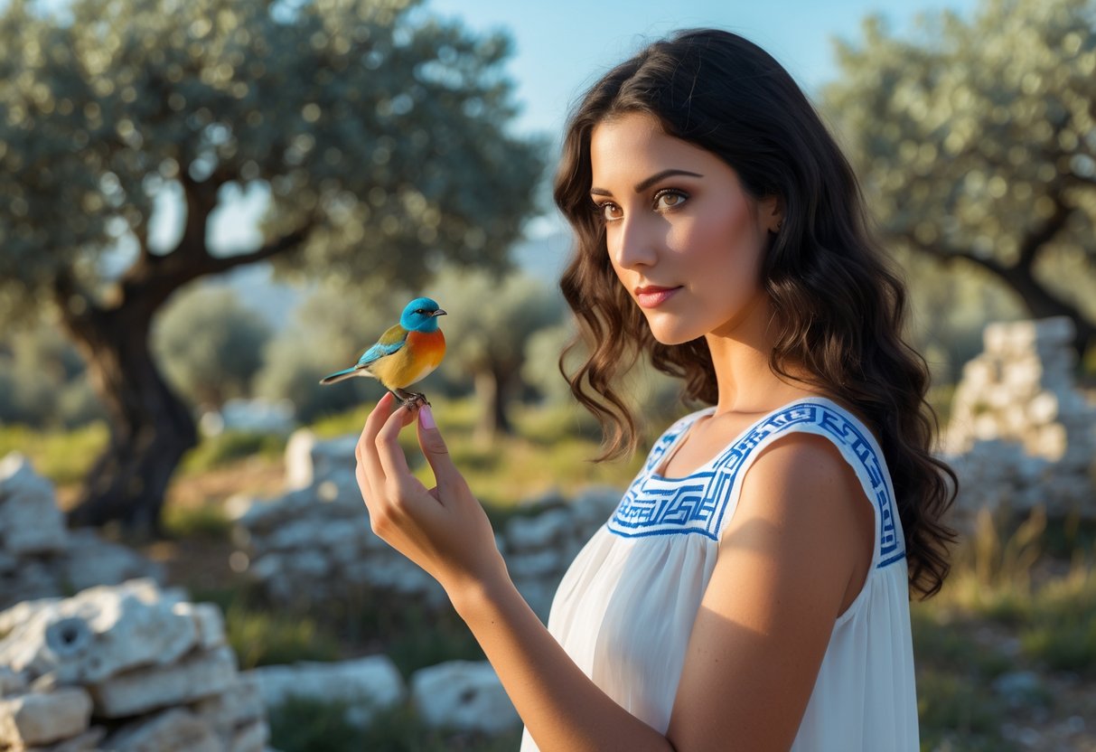 A young Greek woman in a white dress gently holding a small colorful bird outdoors near olive trees and ancient stone ruins.