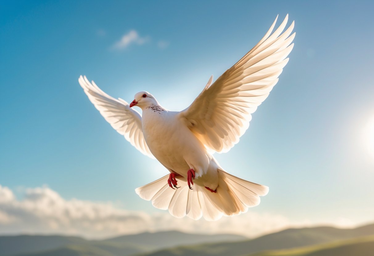 A white dove flying with wings spread wide over rolling hills under a blue sky with soft clouds.