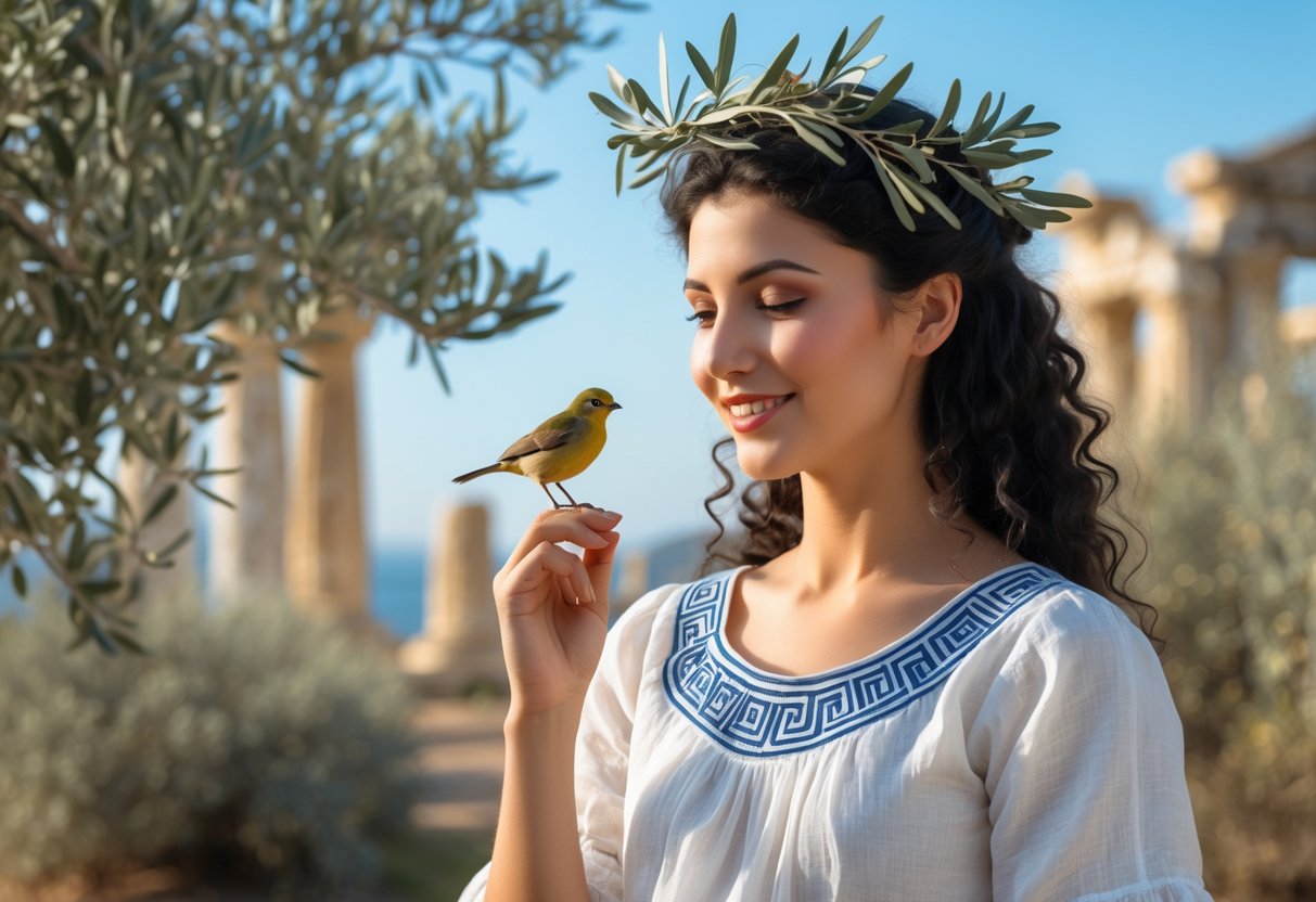 A young Greek woman in an olive grove holding a small colorful bird on her finger, with ancient ruins and blue sky in the background.