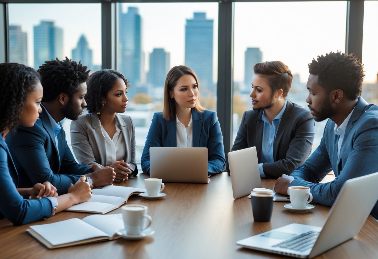 A group of diverse people having a serious discussion around a conference table in an office.