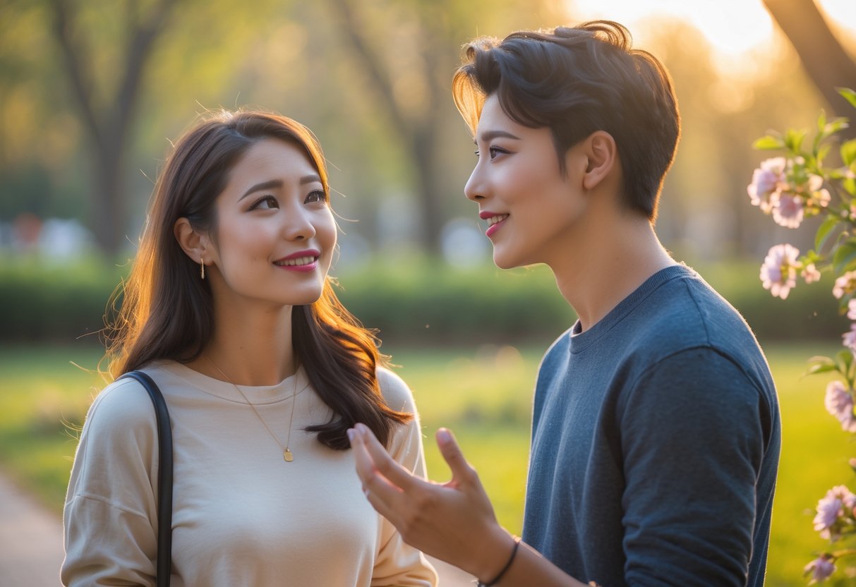 A young woman and a young man talking outdoors in a sunlit park with flowers and greenery.