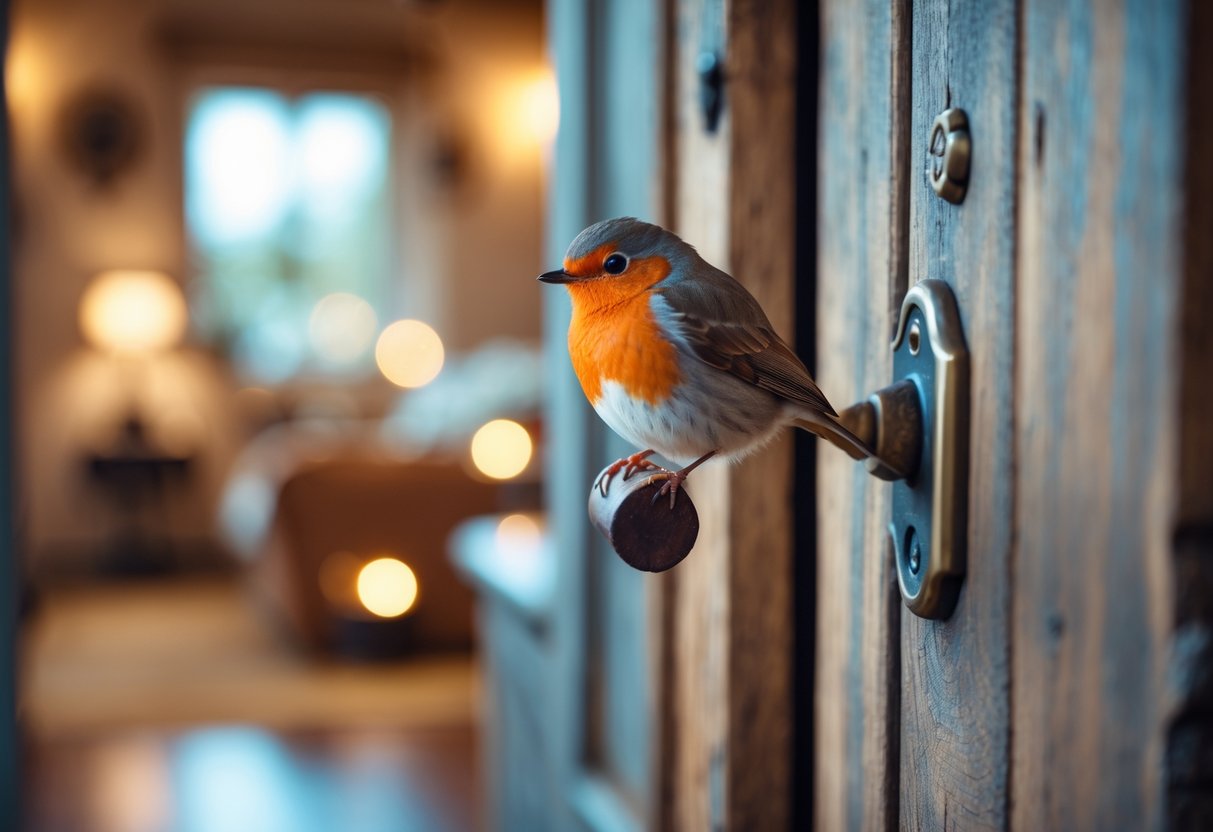 A small European robin perched on a wooden door handle with a slightly open door revealing a warm interior.