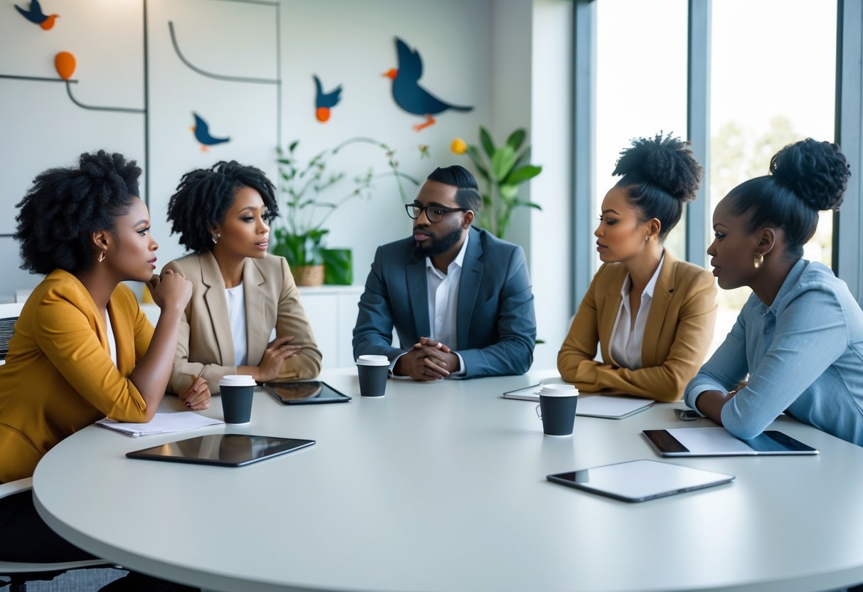 A diverse group of people sitting around a conference table engaged in a serious discussion in a bright office.