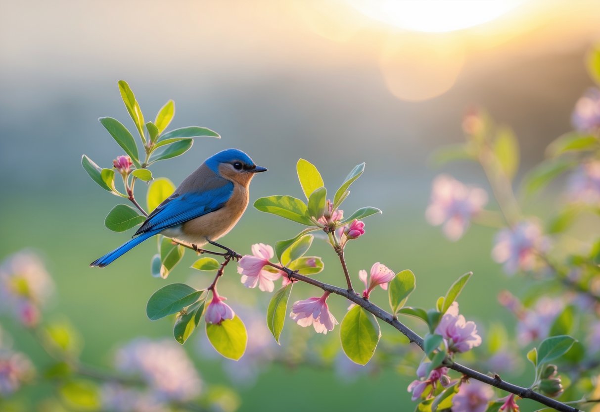 A small colorful bird perched on a blooming branch with green leaves and flowers in soft morning light.
