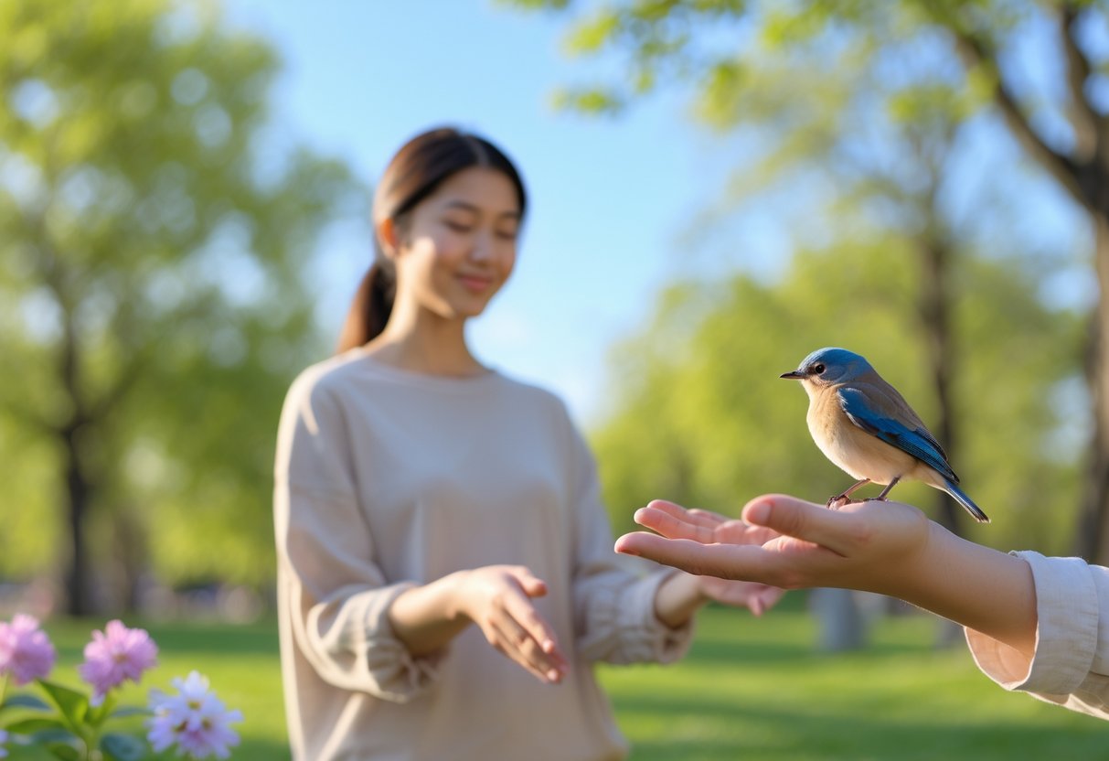 A person standing outdoors with a small bird perched near their outstretched hand in a park setting.