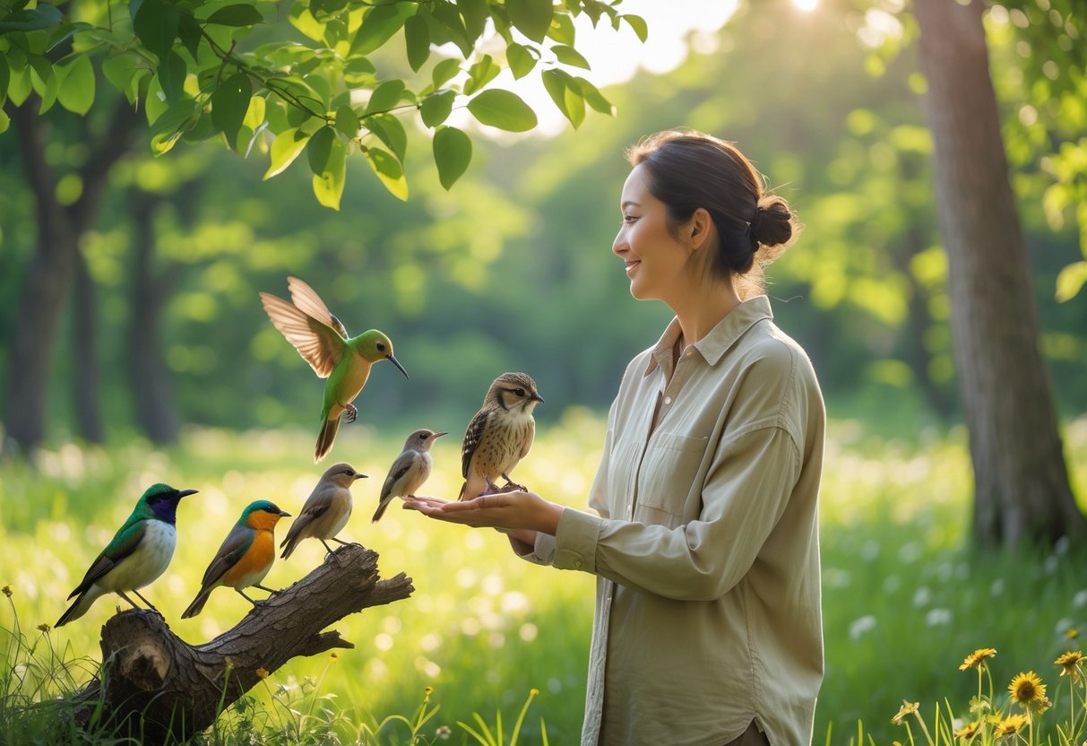 A person standing in a sunlit forest clearing with various birds approaching and perched nearby, surrounded by green trees and natural vegetation.