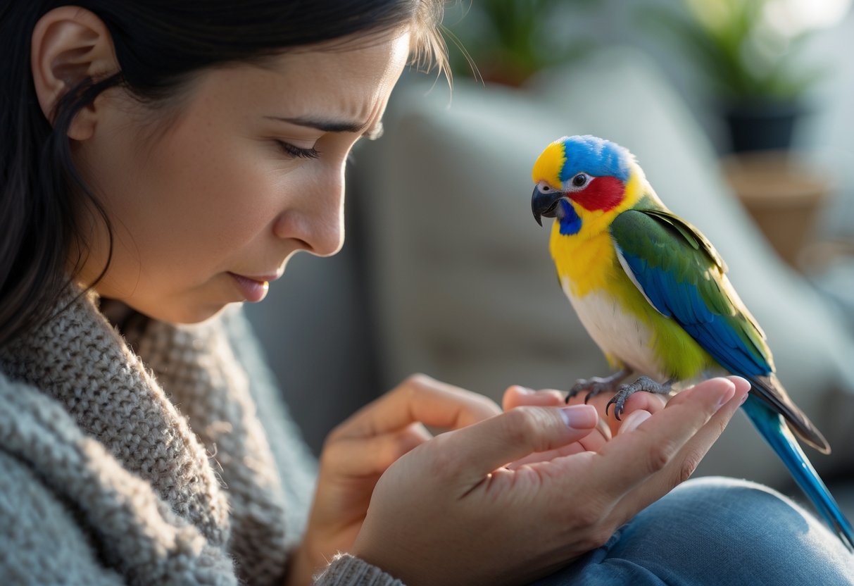 A person with a sad expression gently interacts with a colorful bird perched on their finger, showing a close emotional connection.