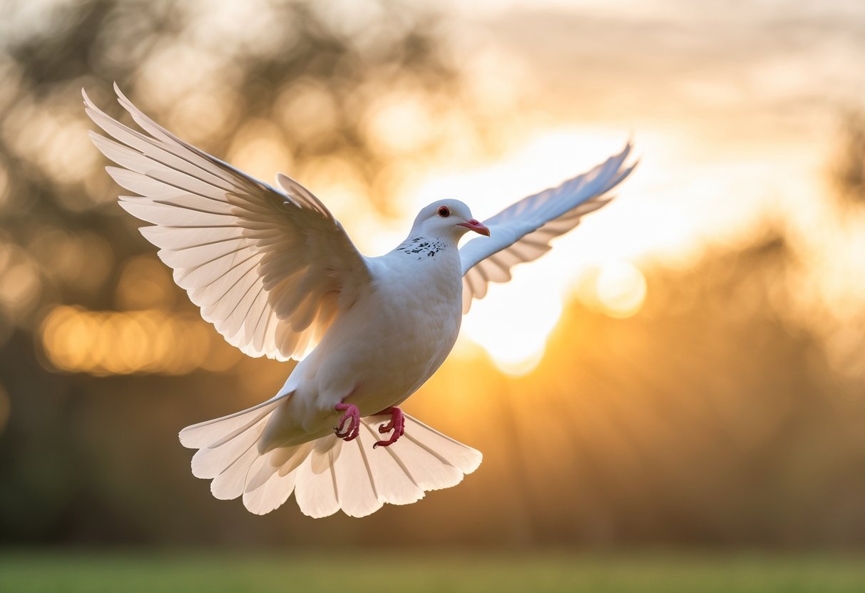 A white dove flying with wings spread wide against a golden sunset sky with blurred trees in the background.
