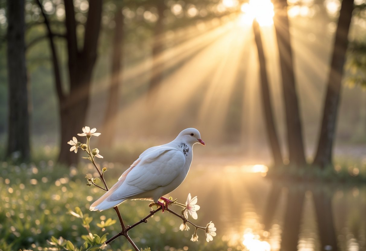 A white dove perched on a blooming branch in a peaceful forest at sunrise with soft light and a calm body of water in the background.