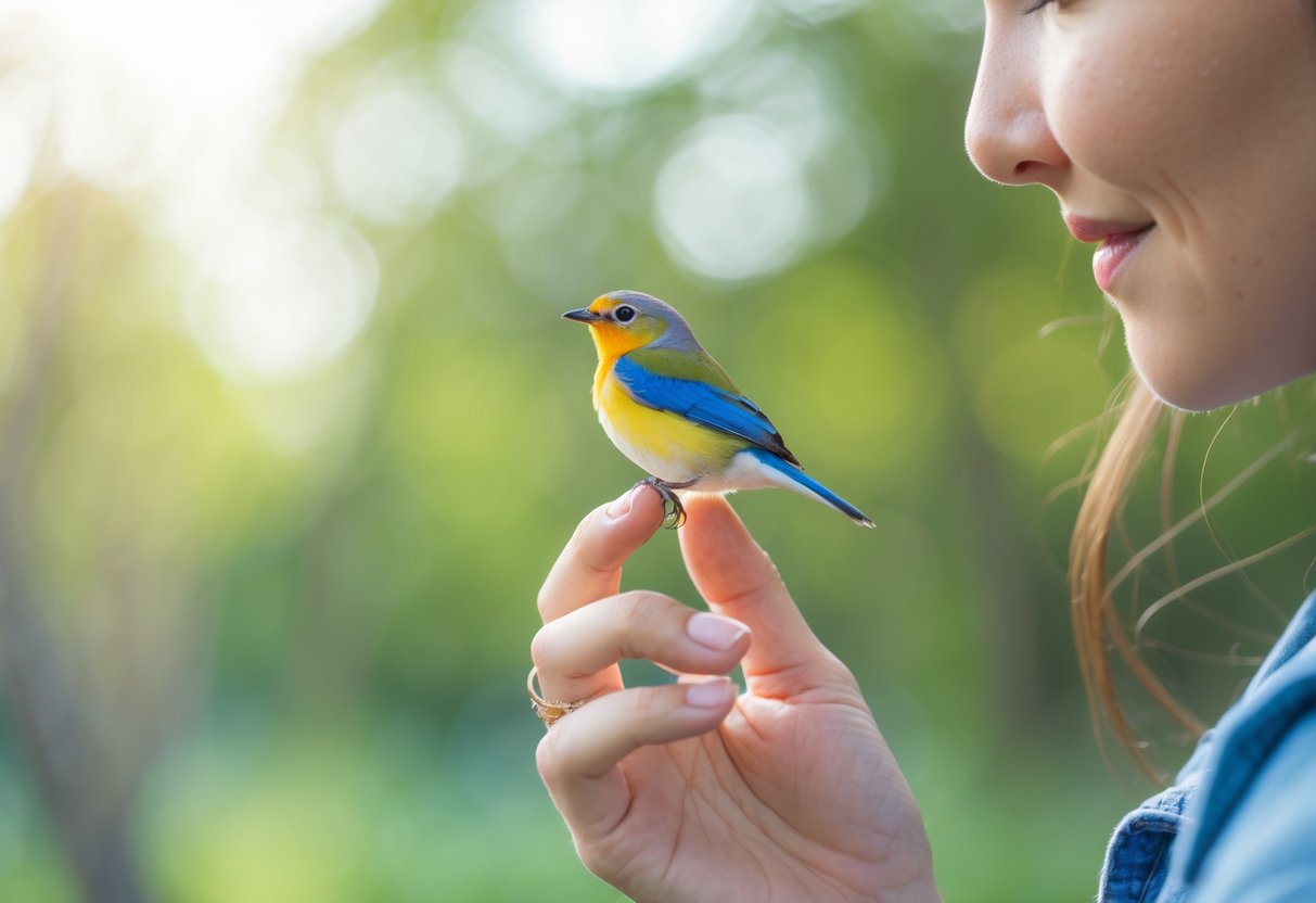 A person gently holding a small colorful bird perched on their finger outdoors with a green blurred background.