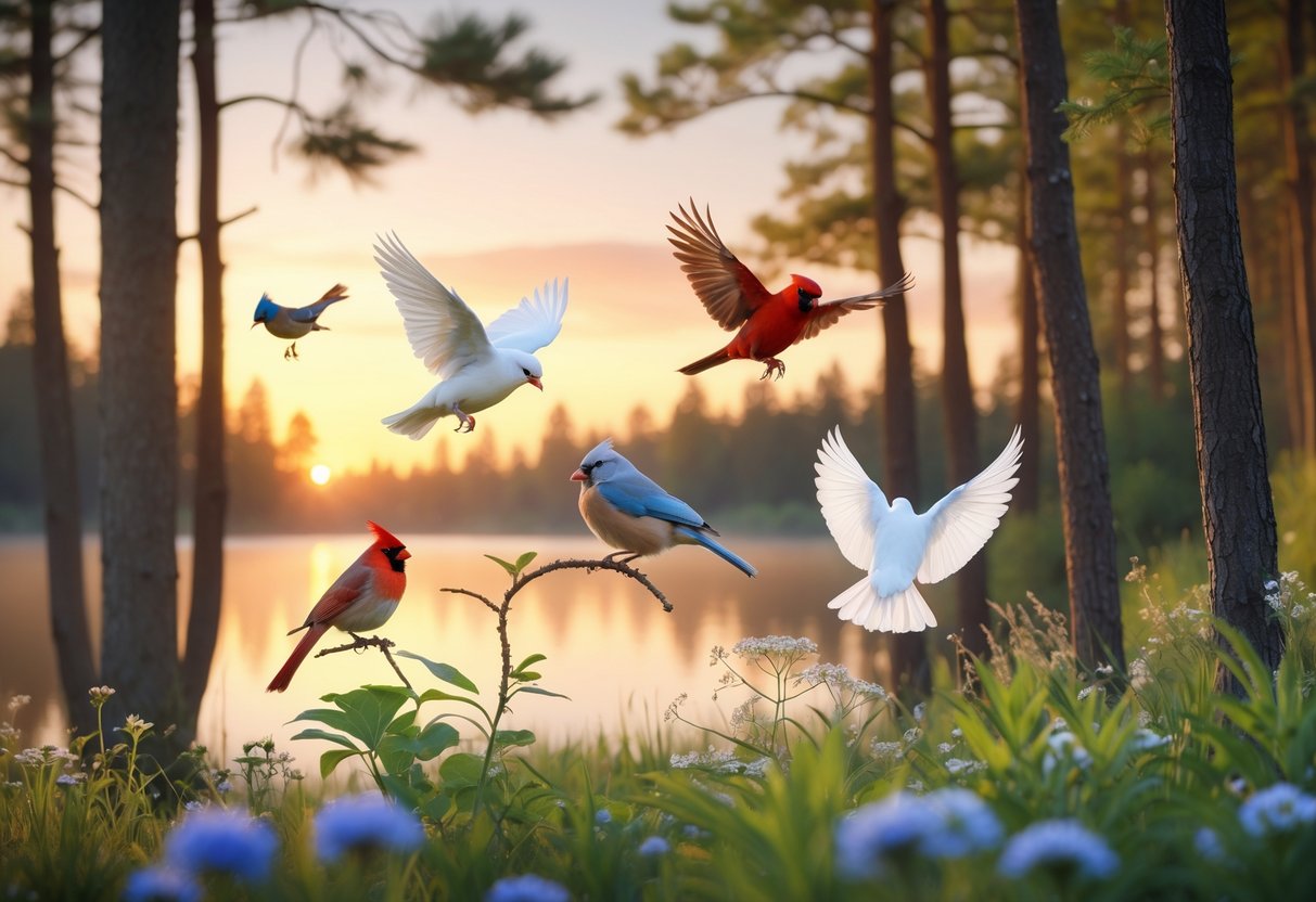 A peaceful natural scene at dawn with various birds perched on branches and flying near a calm lake surrounded by trees and wildflowers.