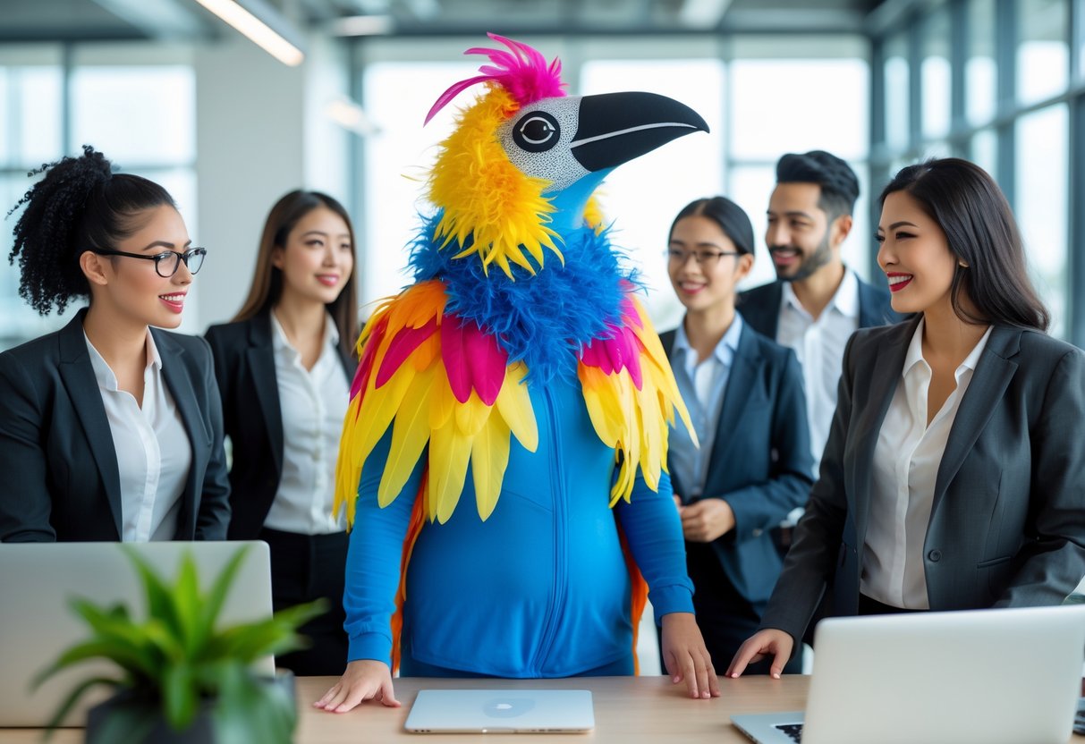 A person in a colorful bird costume stands confidently among coworkers in a modern office, who look at them with curiosity and amusement.