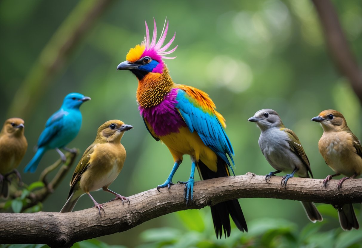 A colorful exotic bird stands out on a branch among several common birds in a green forest.