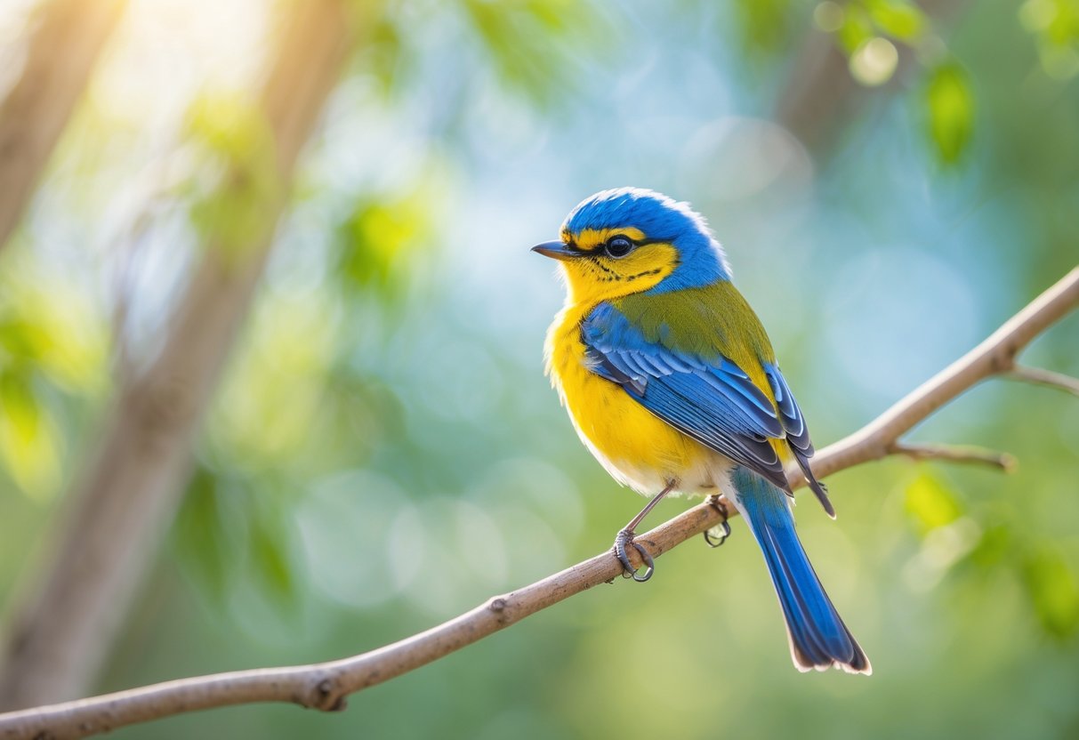 A small colorful bird perched on a thin branch with blurred green foliage in the background.