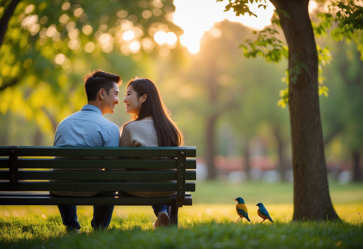 A young couple sitting closely on a park bench, smiling and looking at each other, with two small birds perched nearby on a tree branch.