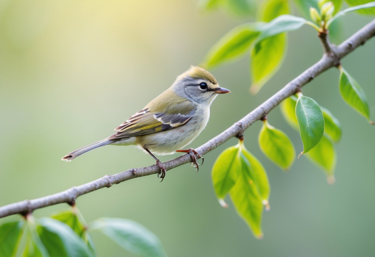 A small songbird perched on a tree branch surrounded by green leaves.