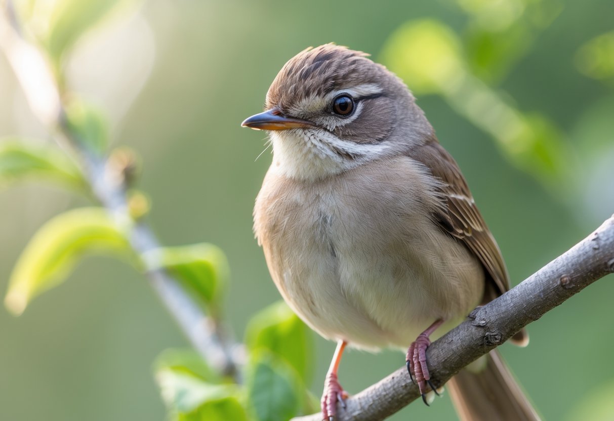 A small bird perched on a tree branch, looking directly ahead with focused eyes against a blurred green background.