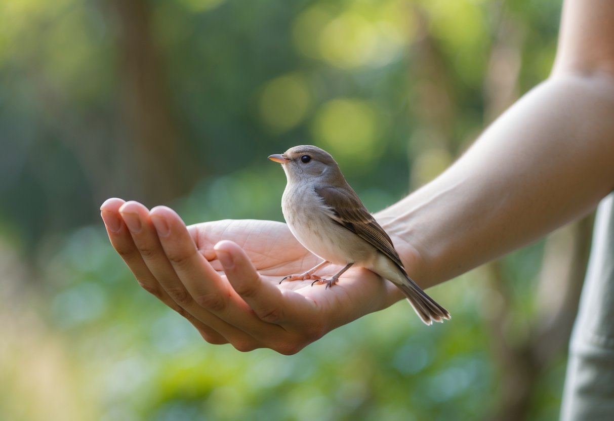 A person gently holding a small bird perched on their finger in a natural outdoor setting.