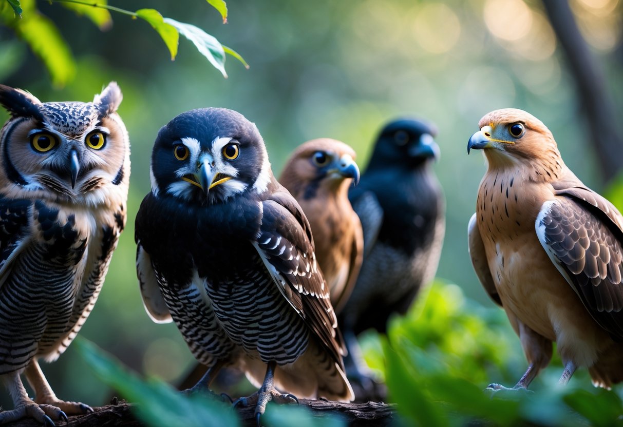 Close-up of several different bird species looking directly at the camera in a natural outdoor setting with green foliage in the background.