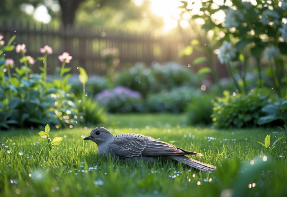 A small dead bird lying on grass in a garden with flowers and plants around it.