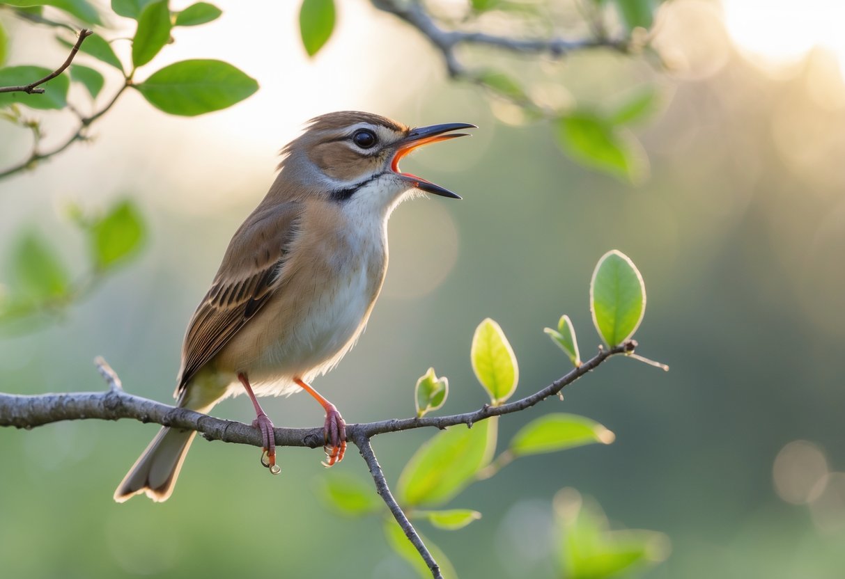 A small bird perched on a tree branch with its beak open as if crying out.
