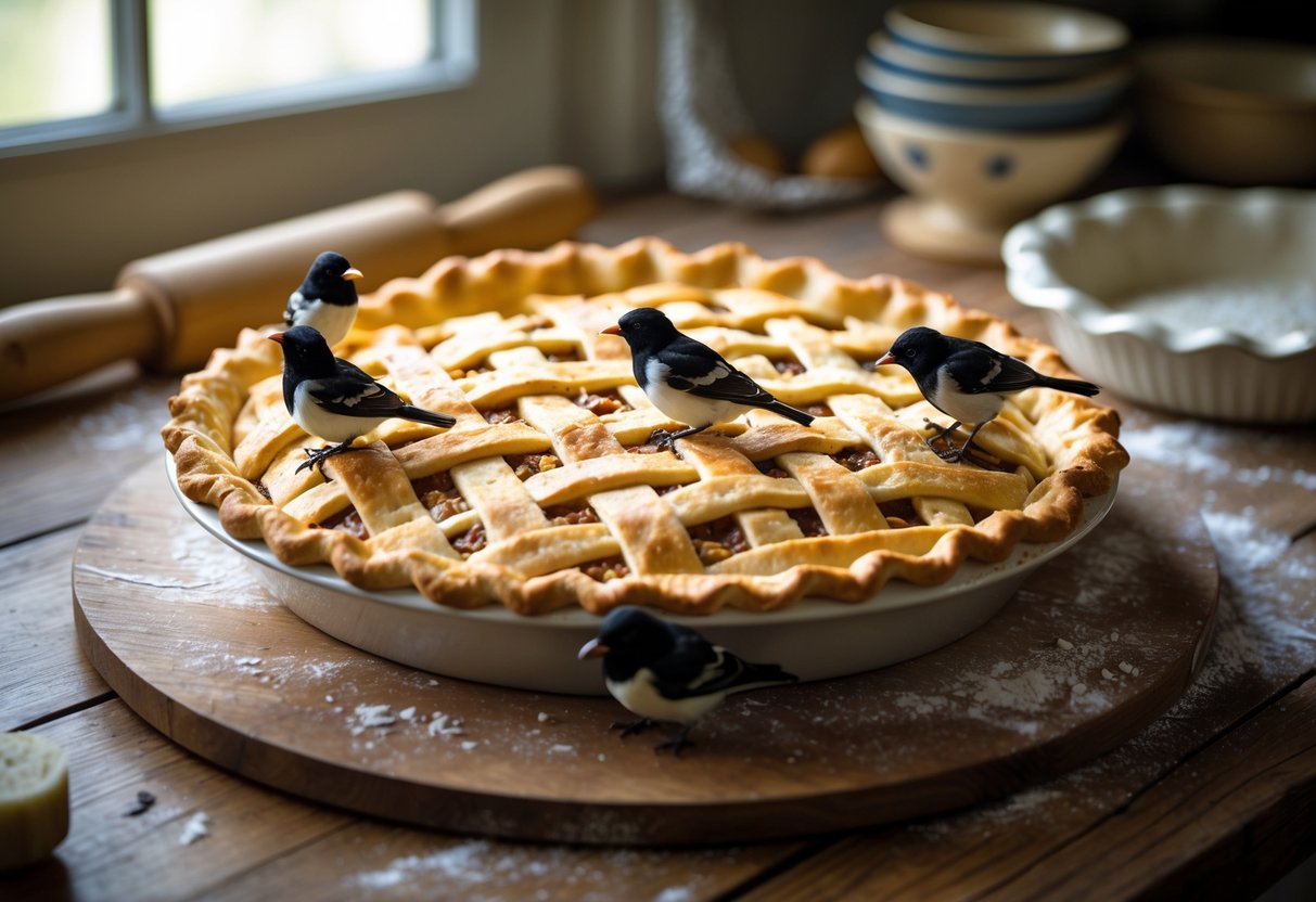 A freshly baked pie on a wooden table with small blackbirds perched on and around it in a cozy kitchen setting.