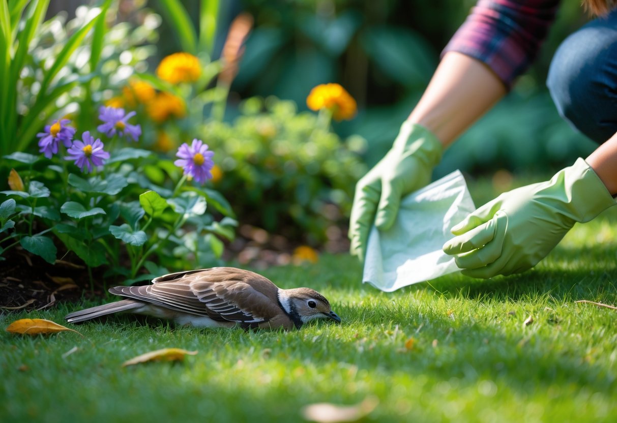 A small dead bird lying on grass in a garden with gloved hands nearby preparing to pick it up.